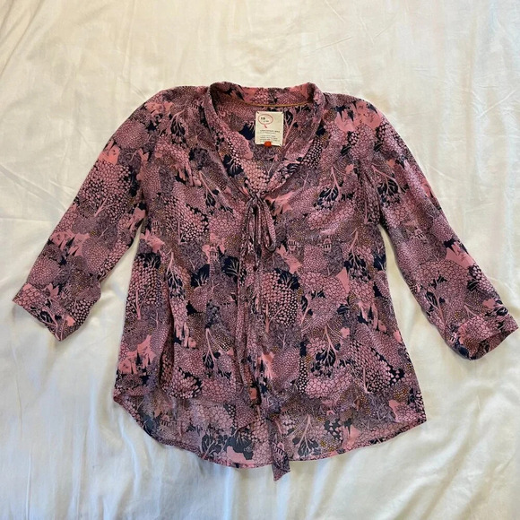 Anthropologie 52 Conversations Colloquial Necktie Blouse 2 Castle Forest Print - Picture 2 of 7